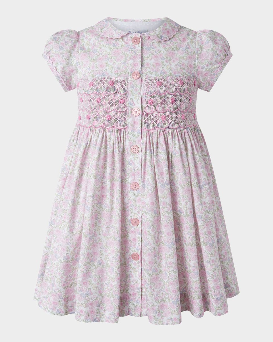 Girl's Ditsy Floral-Print Smocked Dress, Size 2-10